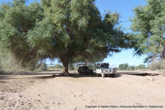 Une pause bien méritée sous un des grands arbres qui borde la rivière asséchée