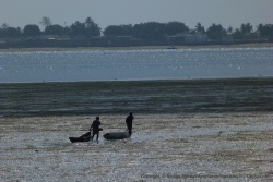 Les pêcheurs tirent leur pirogue sur le sable jusqu'à trouver suffisamment d'eau