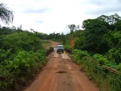 Totoy sur un pont typique du Gabon