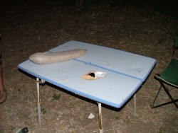 Notre table, attaquée la nuit par l'énorme et surtout très lourd fruit de l'arbre à saucisse !